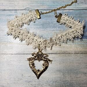 Elegant Cream Lace Choker Necklace with Gold Heart Pendant